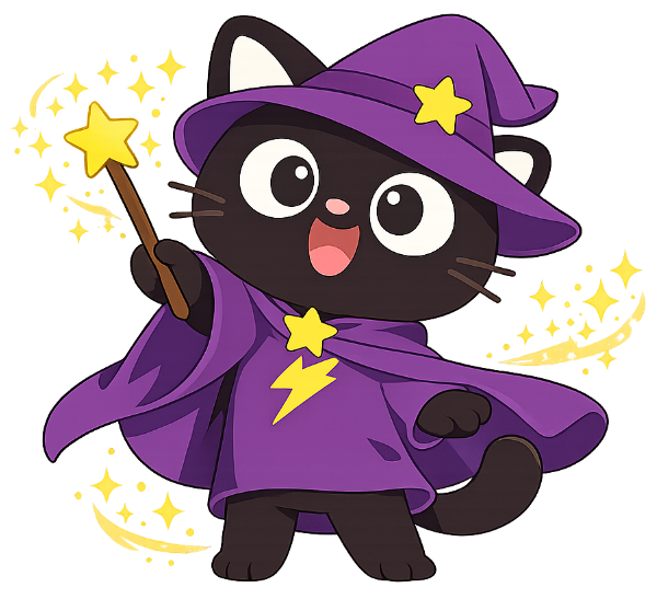 Powerful Cat character with wizard hat and stars